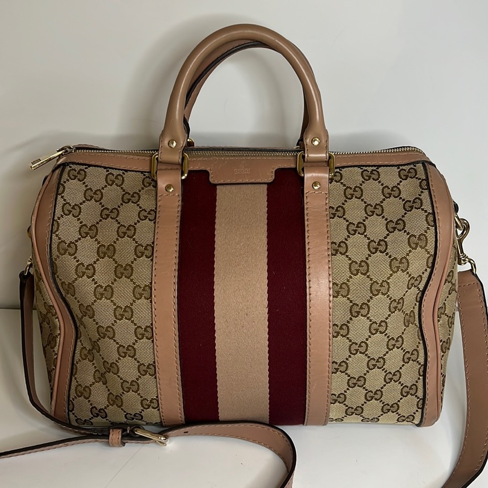 SOLD - Gucci Boston bag pink and burgundy stripe - Picture 1 of 16